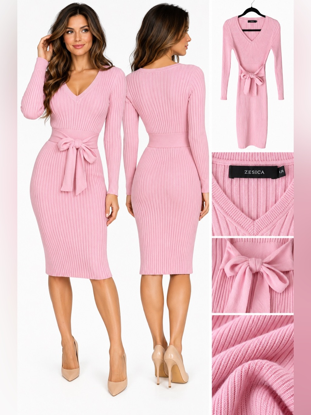 ZESICA Pink Ribbed Knit Sweater Dress Long Sleeve V-Neck Tie Waist